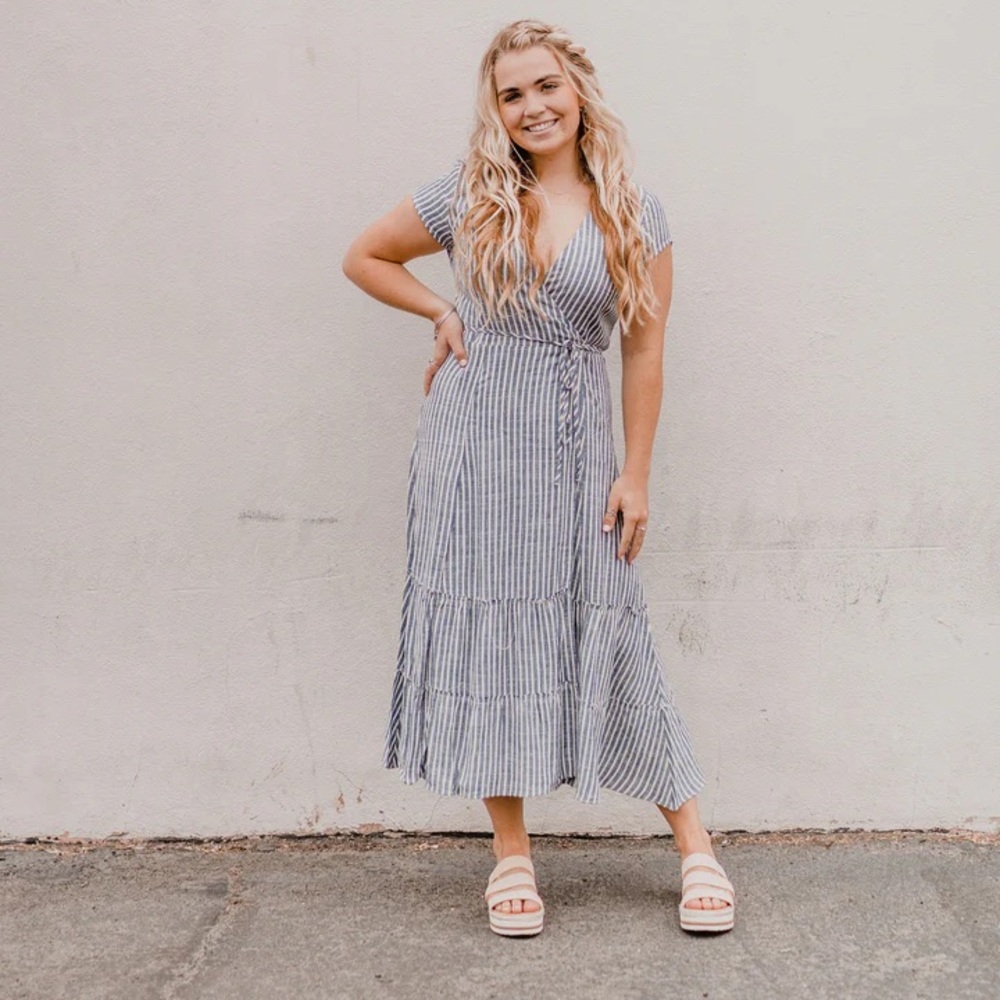 Blue Striped Linen Wrap Dress by Elan